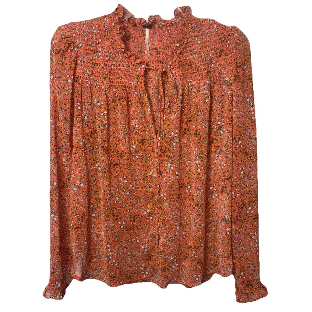 Free People Boho Sheer Floral Top Small – Rust Orange Fall Blouse
